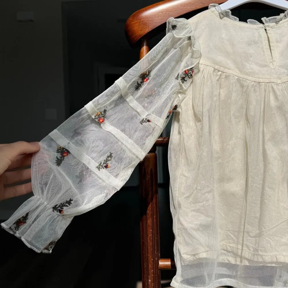 Zara Girls Embroidered Mesh Blouse Size 6 (116) Ivory Floral Tiered Sleeve Sheer